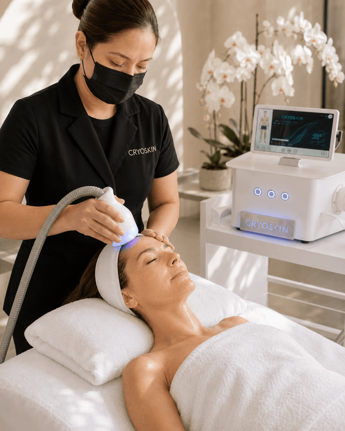 Practitioner performing a facial treatment on a client resting in the studio.