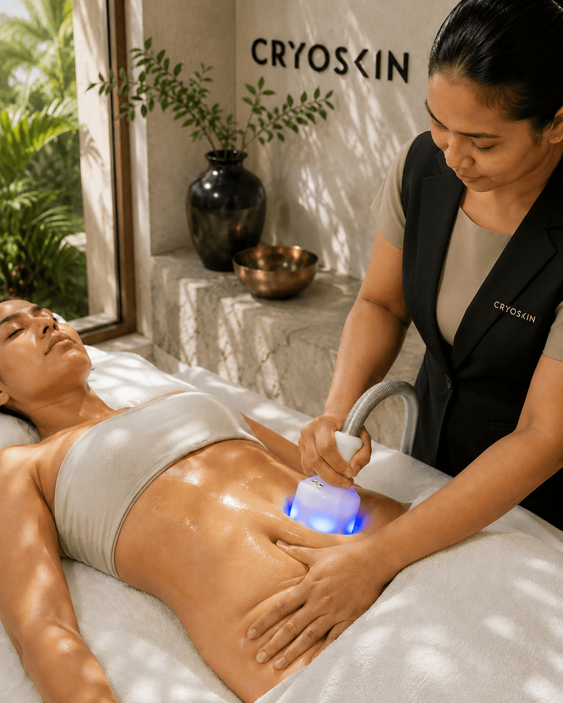 Practitioner guiding a Cryoskin body treatment device over a client's stomach in a calm, plant-filled studio.