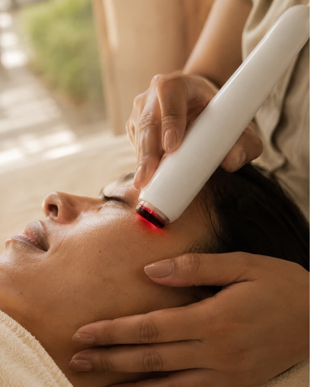 A Cryoskin facial wand with red light applied to a client's face during a treatment.