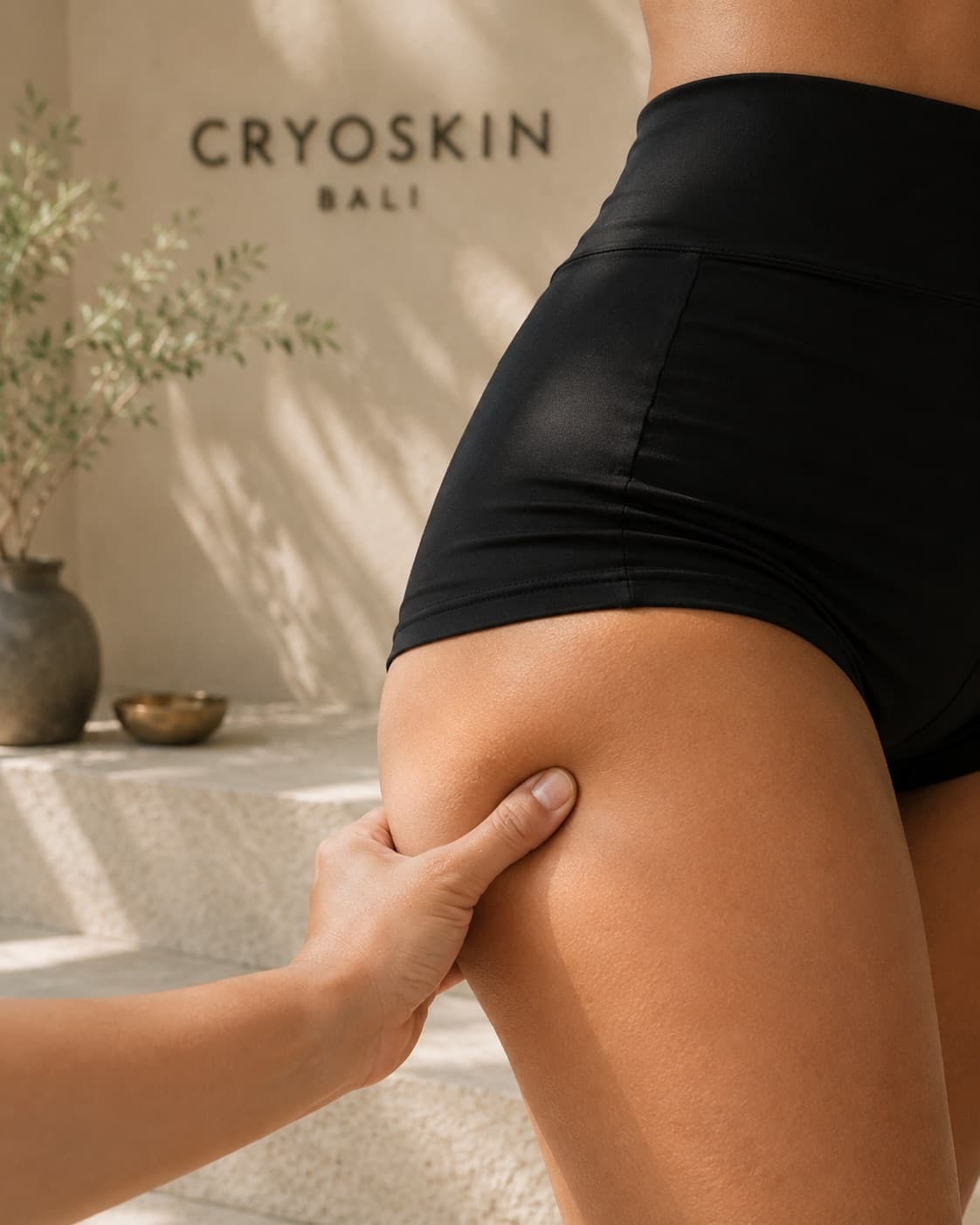 A hand assessing the thigh in front of the Cryoskin Bali sign.