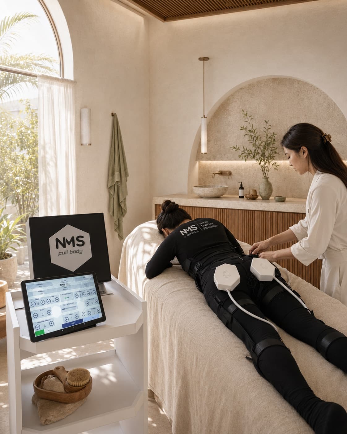 A practitioner attending to a client in the NMS suit on a treatment bed, with the NMS unit and tablet beside them.